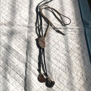 Vintage Black and Brown Stone Lariat Necklace with Gold Accents